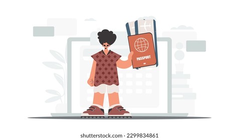 The person holds a around the world id and exchange around tickets in his hands. The concept of rest and travel. Trendy style, Vector Illustration