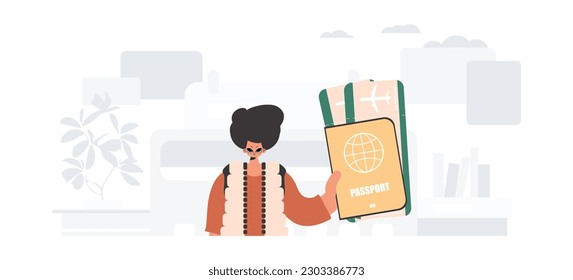 The person holds a around the world id and conversation nearly tickets in his hands. The concept of rest and travel. Trendy style, Vector Illustration