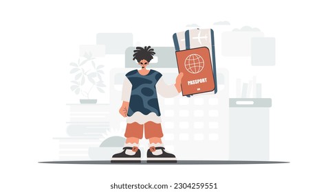 The person holds a around the world id and exchange around tickets in his hands. The concept of rest and travel. Trendy style, Vector Illustration