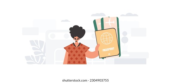 The person holds a around the world id and conversation almost tickets in his hands. The concept of rest and travel. Trendy style, Vector Illustration