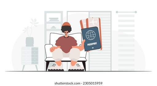 The person holds a around the world id and talk around tickets in his hands. The concept of rest and travel. Trendy style, Vector Illustration