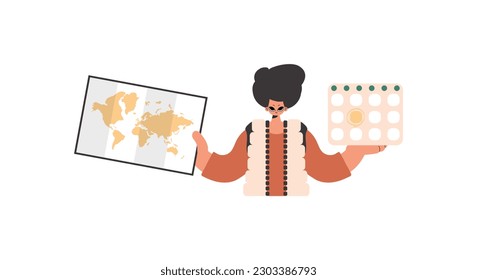 The person holds a calendar and a chart of the world in his hands. Compelled on white foundation. Trendy style, Vector Illustration
