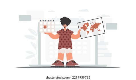 The person holds a calendar and a organize of the world in his hands. The concept of rest and travel. Trendy style, Vector Illustration