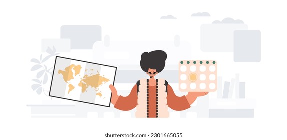 The person holds a calendar and a organize of the world in his hands. The concept of rest and travel. Trendy style, Vector Illustration