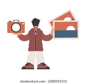 The person holds a camera and photographs in his hands. Compelled on white foundation. Trendy style, Vector Illustration