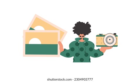 The person holds a camera and photographs in his hands. Compelled on white foundation. Trendy style, Vector Illustration