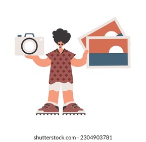 The person holds a camera and photographs in his hands. Compelled on white foundation. Trendy style, Vector Illustration