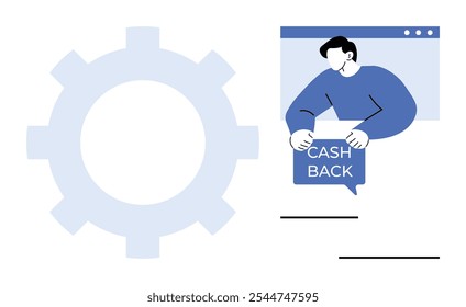 Uma pessoa retém um sinal de reembolso enquanto aparece parcialmente em uma janela do navegador. Uma engrenagem grande e azul clara simboliza os processos de negócios. Ideal para negócios, finanças, tecnologia, recompensas do cliente