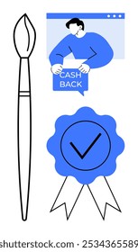 A person holds a cashback sign on a computer screen. To the left is a black brush, and below is a blue badge with a checkmark. Ideal for finance, online shopping, art, quality assurance, and design