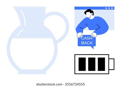 Person holds cashback sign in speech bubble while another jug is filled with liquid and a battery icon. Ideal for financial savings, online transactions, energy conservation, minimalistic design