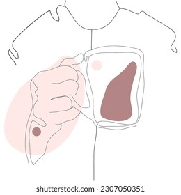The person holds a cup with a drink in his hand. Illustration in the style of drawing in one line.Hand with a mug.