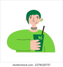 Person holds cup with green leaves. Vegan and plant-based healthy diet. Sustainable cruelty-free climate-friendly meatless and dairy-free food. Animal protein replacement.