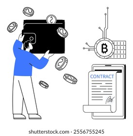 A person holds a digital wallet with coins around it. Nearby are a blockchain symbol and a signed contract on a tablet. Ideal for cryptocurrency, blockchain technology, digital currency, financial