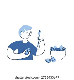 Person holds Easter egg  and paints it with a brush. Creative egg painting concept. Spring holiday tradition. Minimal flat vector blue monochrome illustration.