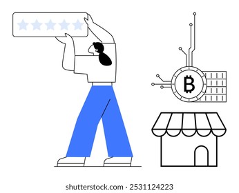 Person holds a five-star rating bar next to a Bitcoin symbol connected to a storefront. Ideal for cryptocurrency finance e-commerce online reviews and digital payments. Modern minimalistic artwork