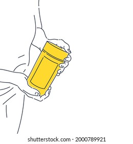 A person holds a gift box in his hands. Modern illustration in a realistic style. A linear drawing of a person.