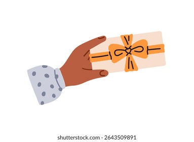 Person holds gift decorated with ribbon bow. Character gives, gets birthday present. Human hand with wrapped surprise. Congratulation exchanging. Flat isolated vector illustration on white background