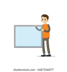 A person holds a glass, a window, a sign. Flat Vector Illustration