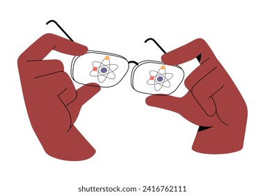 Person holds glasses for vision in hands. People discover, explore future technology. Science research. Character searches, looks for information. Flat isolated vector illustration on white background