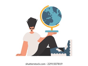 The person holds a globe in his hands, kept on a white foundation. Trendy style, Vector Illustration