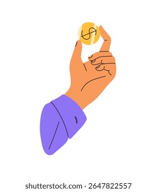 Person holds gold coin, pay by cash. Human hand with cent in fingers. Financial literacy, money saving, investment. Finance, currency exchange, payment. Flat isolated vector illustration on white