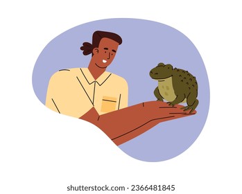 Una persona sostiene una rana verde en las manos. El personaje de la sartén se sienta en los brazos del dueño. Vector plano colorido ilustración aislada de reptile de mascota de dibujos animados, animal anfibio