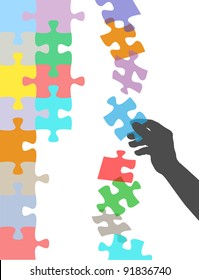 Person holds in hand missing piece to find solution to falling puzzle