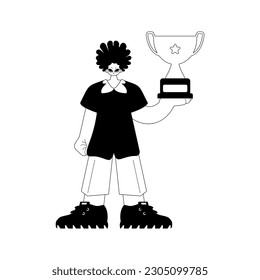The person holds the holder of the victor in his hands. Pulverizing and white line craftsmanship. Trendy style, Vector Illustration