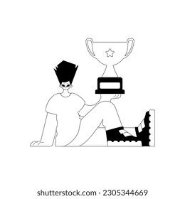 The person holds the holder of the victor in his hands. Decimating and white line craftsmanship. Trendy style, Vector Illustration