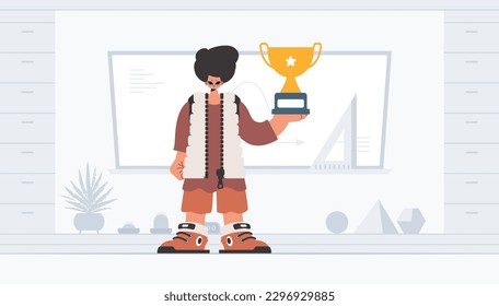 The person holds the holder of the victor. Trendy style, Vector Illustration