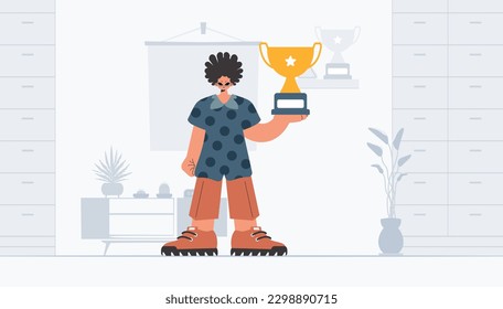 The person holds the holder of the victor. Trendy style, Vector Illustration