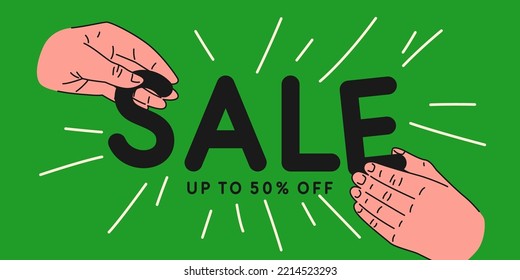 A person holds the letter of a word with his hand. The original advertising poster of the sale. Vector illustration.