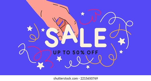 A person holds the letter of a word with his hand. The original advertising poster of the sale. Vector illustration.