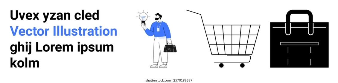 A person holds a light bulb with a briefcase symbolizing innovation and business, accompanied by a shopping cart for e-commerce and a briefcase for business. Ideal for business, innovation