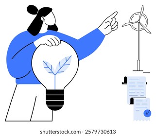 A person holds a light bulb with a leaf inside, pointing at a wind turbine beside documents. Ideal for sustainable energy, eco-friendly practices, innovation, environmental awareness, and renewable