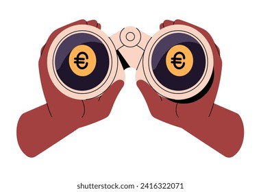 Person holds, looks through binoculars. People search financial opportunities, perspectives to wealth, success. Character finds way to earn money. Flat isolated vector illustration on white background