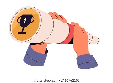 Person holds, looks through telescope. People search opportunities to achieve goal, success, win. Character finds way to catch gold trophy, prize. Flat isolated vector illustration on white background