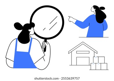 Person holds a magnifying glass, another person pointing, and a warehouse with boxes. Ideal for logistics, inspection, warehousing, supply chain, inventory. Contemporary, clean lines, minimalist