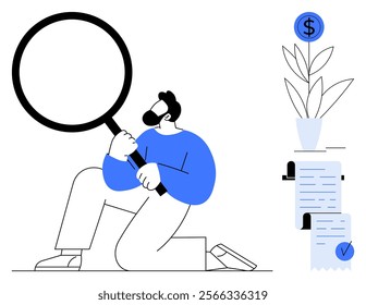 A person holds a magnifying glass, examining a growing dollar plant and checking receipts. Ideal for business analysis, financial growth, investment tips, economic strategies, and auditing processes