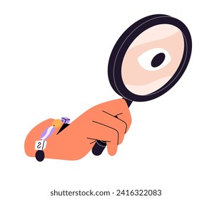 Person holds magnifying glass in hand. People observe, look through magnifier. Character searches information in internet, seeks with loupe. Flat isolated vector illustration on white background