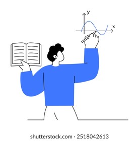 A person holds an open book and draws a sine wave on an X-Y axis. Ideal for education, math, learning, teaching, or academic subjects.