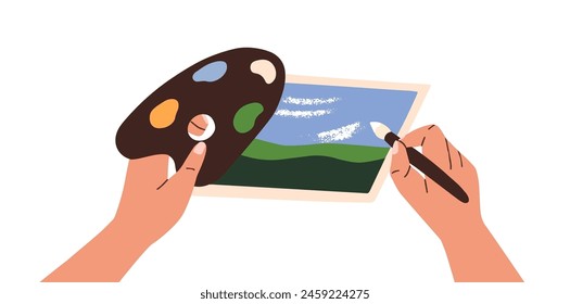 Person holds palette with paints. Painter draws picture with paintbrush. Artist painting on paper sheet. Human hands with artwork top view. Flat isolated vector illustration on white background