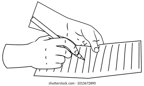 person holds pen and write in the blank paper with various angle .Vector isolated illustration with outline style . For article ,page ,cover ,poster ,banner ,motion graphic etc.