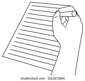 person holds pen and write in the blank paper with various angle .Vector isolated illustration with outline style . For article ,page ,cover ,poster ,banner ,motion graphic etc.