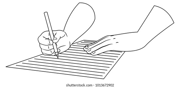 person holds pen and write in the blank paper with various angle .Vector isolated illustration with outline style . For article ,page ,cover ,poster ,banner ,motion graphic etc.