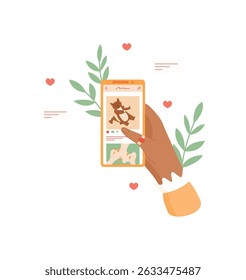 A person holds a phone displaying a media app. A hand interacts with smartphone featuring photo application. This modern technology emphasizes chat, flat design, ideal for social media projects.