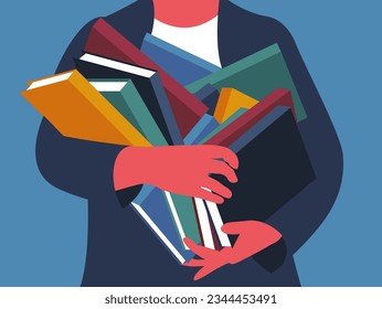 A person holds a pile books in his hands. Person who loves to read.
Hands full with books. Vector