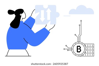 A person holds a puzzle piece with arrows pointing in different directions while looking at a Bitcoin symbol connected to a blockchain. Ideal for blockchain, cryptocurrency, technology, finance