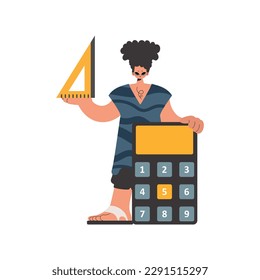 The person holds a ruler and a calculator in his hands, compelled on a white foundation. Trendy style, Vector Illustration