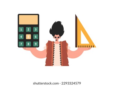 The person holds a ruler and a calculator in his hands, compelled on a white foundation. Trendy style, Vector Illustration